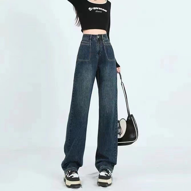 Small Straight Leg Loose Wide-Leg Jeans Female Fall New High-Waisted Slimming Mopping Pants