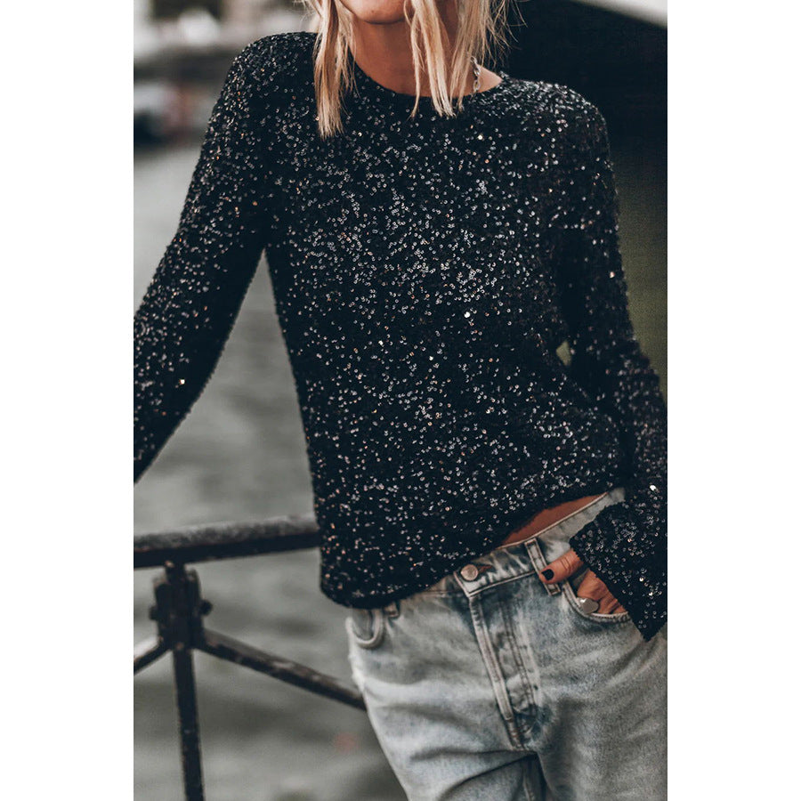 Fall/Winter New Party Sequin Long Sleeve Crew Neck Shirt Casual Loose Split Top
