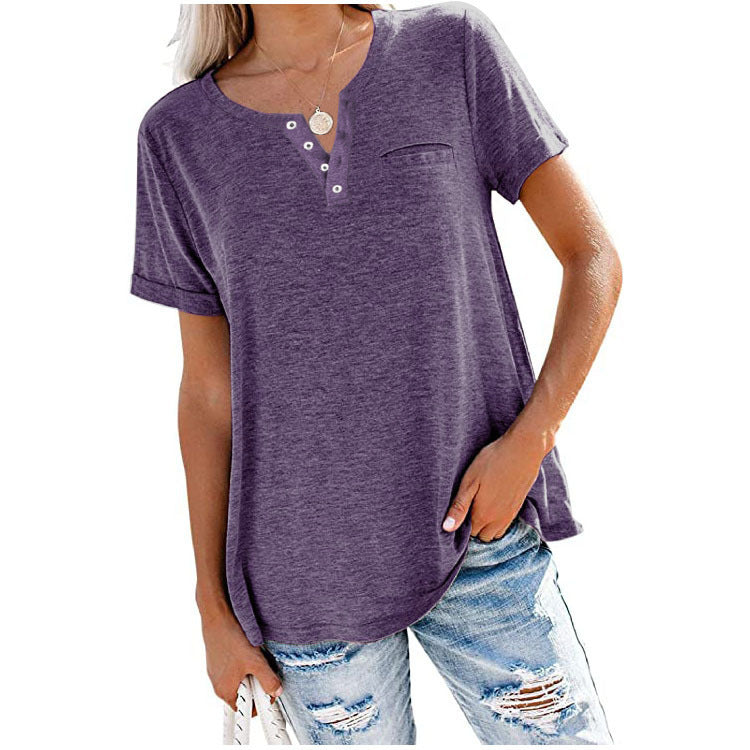 Spring And Summer New Top V-Neck Short Sleeve Pocket Loose T-Shirt Woman