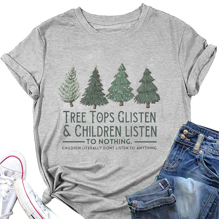 Tree Tops Round Neck Fashion Letter Top Women's T-Shirt Loose Short Sleeves