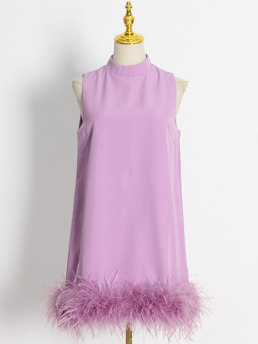 Wind Ostrich Hair Skirt Autumn Niche Design Sense Half High Neck Sleeveless Solid Color Straight Shift Dress