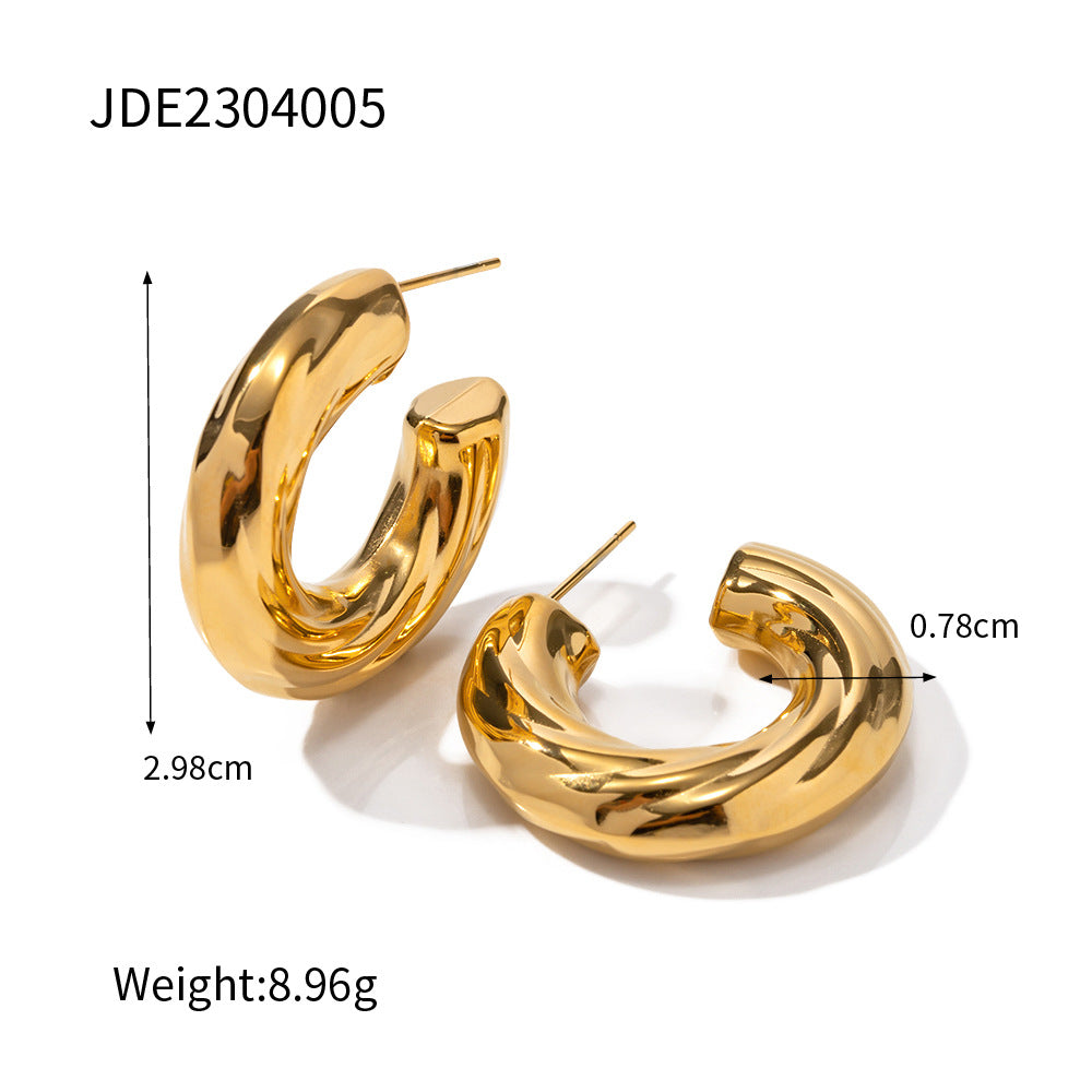 5pcs New Geometric Titanium Steel Earrings 18K Gold Plated Stainless Steel Bevel Ribbed C-Shaped Earrings For Women
