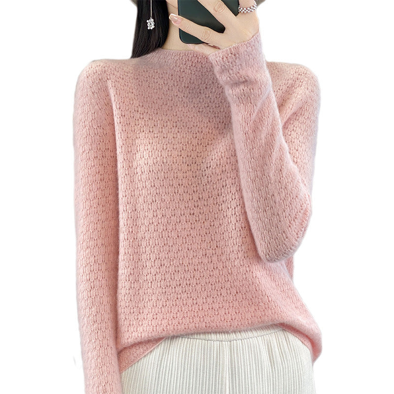 Autumn And Winter Knitted Pure Woolen Sweater Female Half Turtleneck Hollowed Out Loose Pullover Sweater Slimming Top Base Shirt