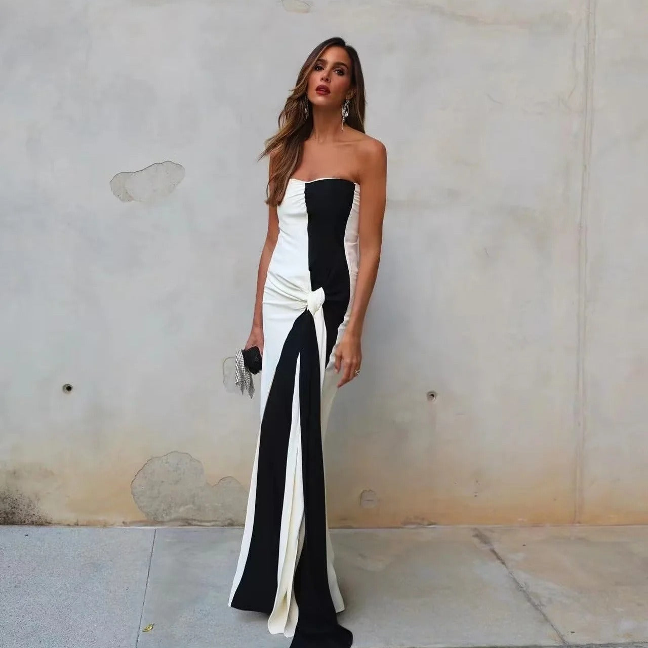 Women's Sexy Long Dress Patchwork Chest Knot Dress