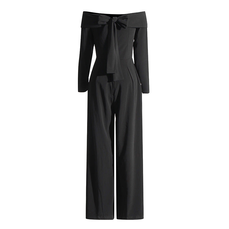New Autumn Goddess Fan One-Line Collar Jumpsuit Temperament Of The Girl High Waist Slimming Wide-Leg Pants