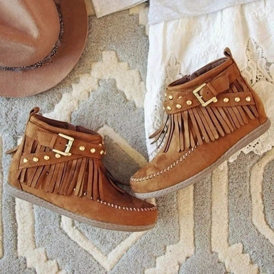 Autumn And Winter Ankle Boots Tassel Boots Women Flat Buckle Martin Boots Retro Knight Boots Horse Machine