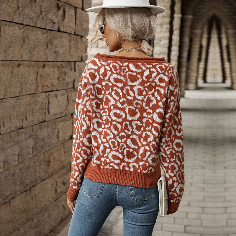 Autumn/Winter New Women's Casual Jacquard Long-Sleeved Leopard Print Sweater