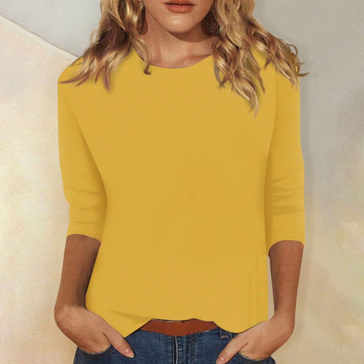 Autumn And Winter Women's Top Round Neck Seven-Point Sleeve Solid Color T-Shirt