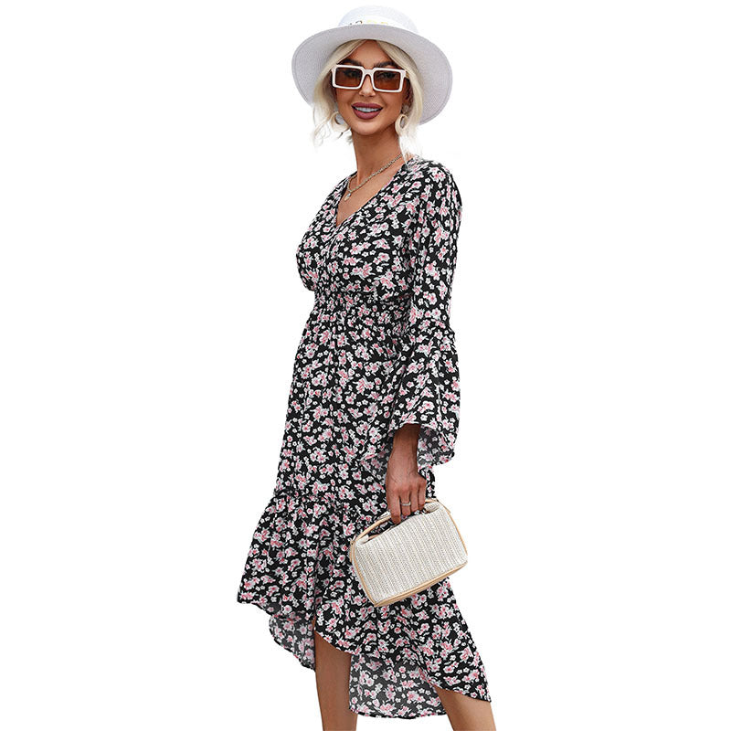 Fashion Women's Irregular Long-Sleeved Floral Dress Autumn And Winter Dress