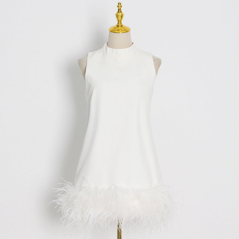 Wind Ostrich Hair Skirt Autumn Niche Design Sense Half High Neck Sleeveless Solid Color Straight Shift Dress