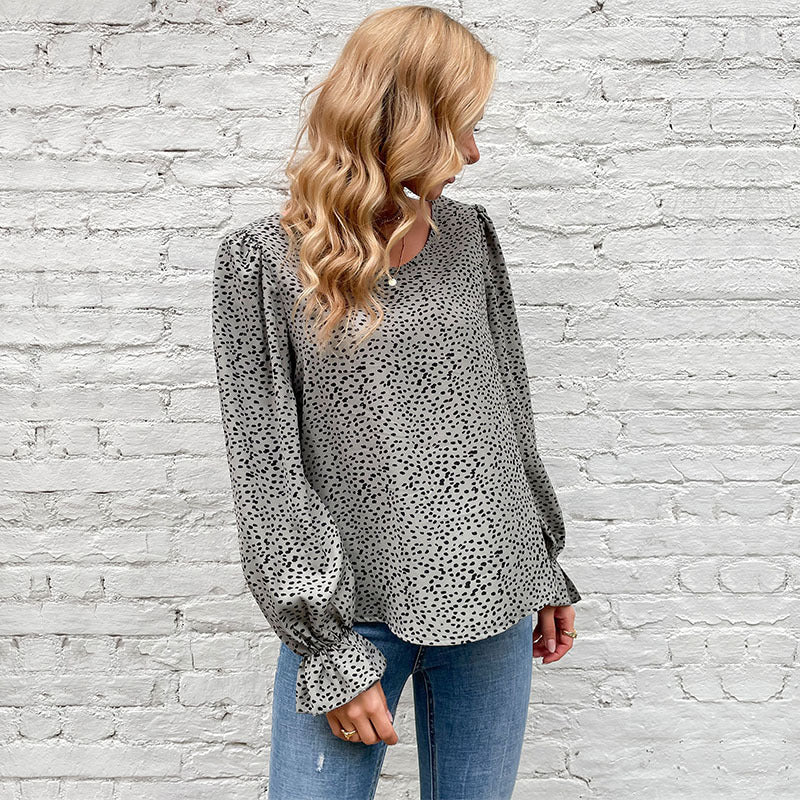 New Retro Women's Long-Sleeved Slim-Fit Round Neck Leopard Print Blue Shirt