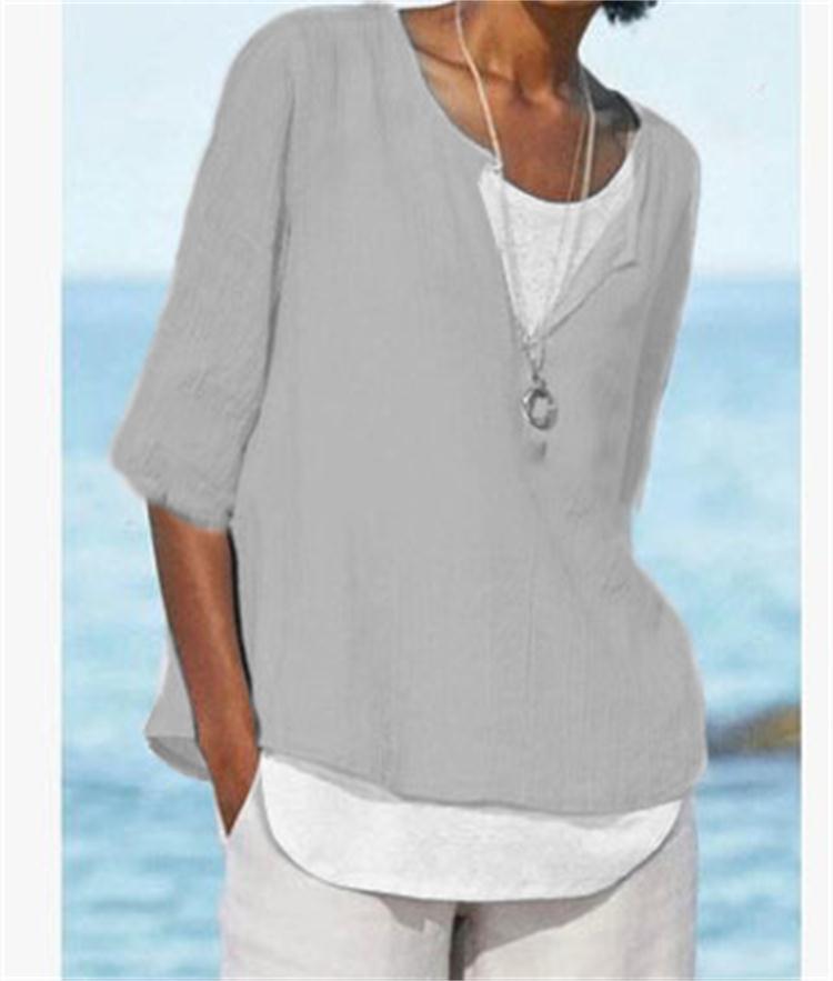 New Autumn And Winter V-Neck Solid Color Cotton Linen Large Size Sleeve Women's Shirt