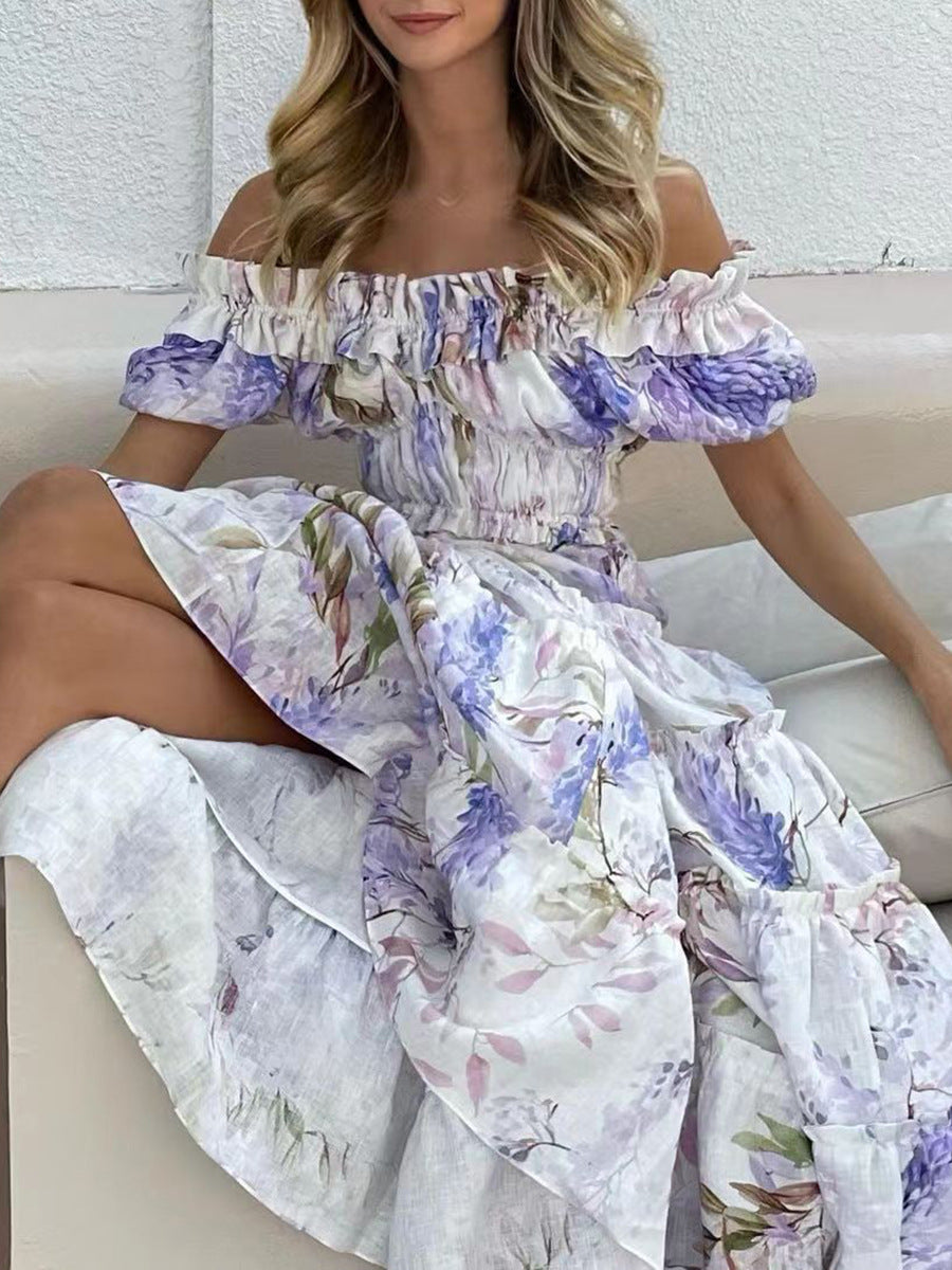 New Spring New Style One Shoulder Fold Print Lady Long Style Swing Dress