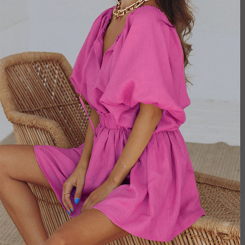 Summer New Fashion Leisure Suit V-Neck Cotton Hemp Women Lantern Sleeve Shirt Short Two-Piece Set