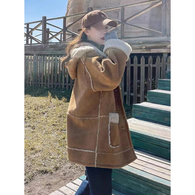 Deerskin Cashmere Lamb Coat Women's New Winter Cashmere And Thick Fur One Hooded Motorcycle Cotton Coat