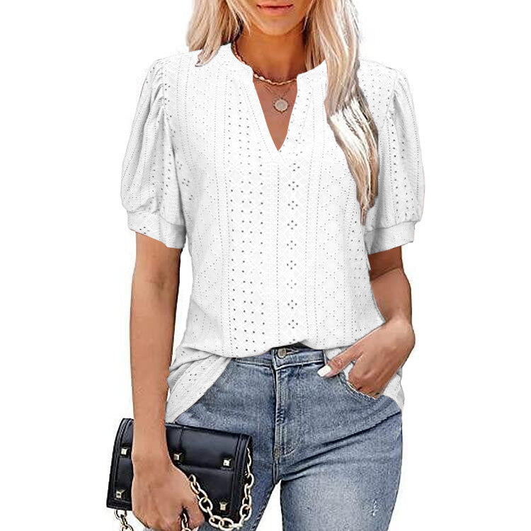 Spring And Summer Casual V-Neck Solid Color Hollow Puffy Sleeve Loose T-Shirt