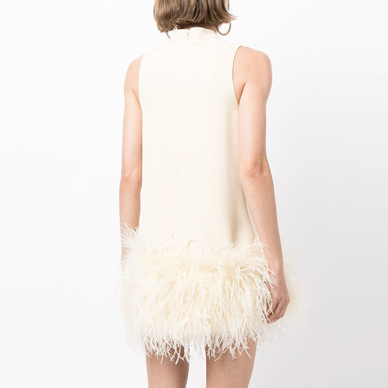 Wind Ostrich Hair Skirt Autumn Niche Design Sense Half High Neck Sleeveless Solid Color Straight Shift Dress