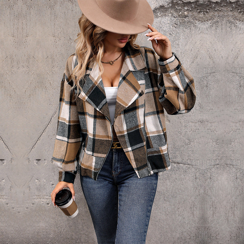 Ground Plaid Autumn Winter Plaid Cardigan Retro Lapel Zipper Coat Women