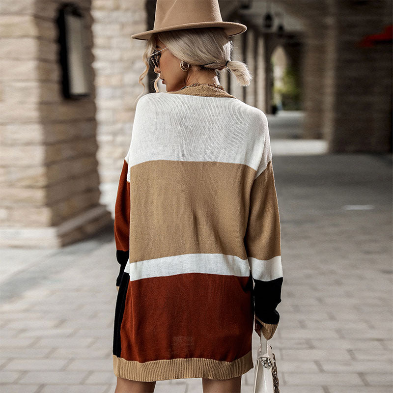 Autumn and Winter Fashion Women's Casual Long-Sleeved Color Matching Knit Cardigan