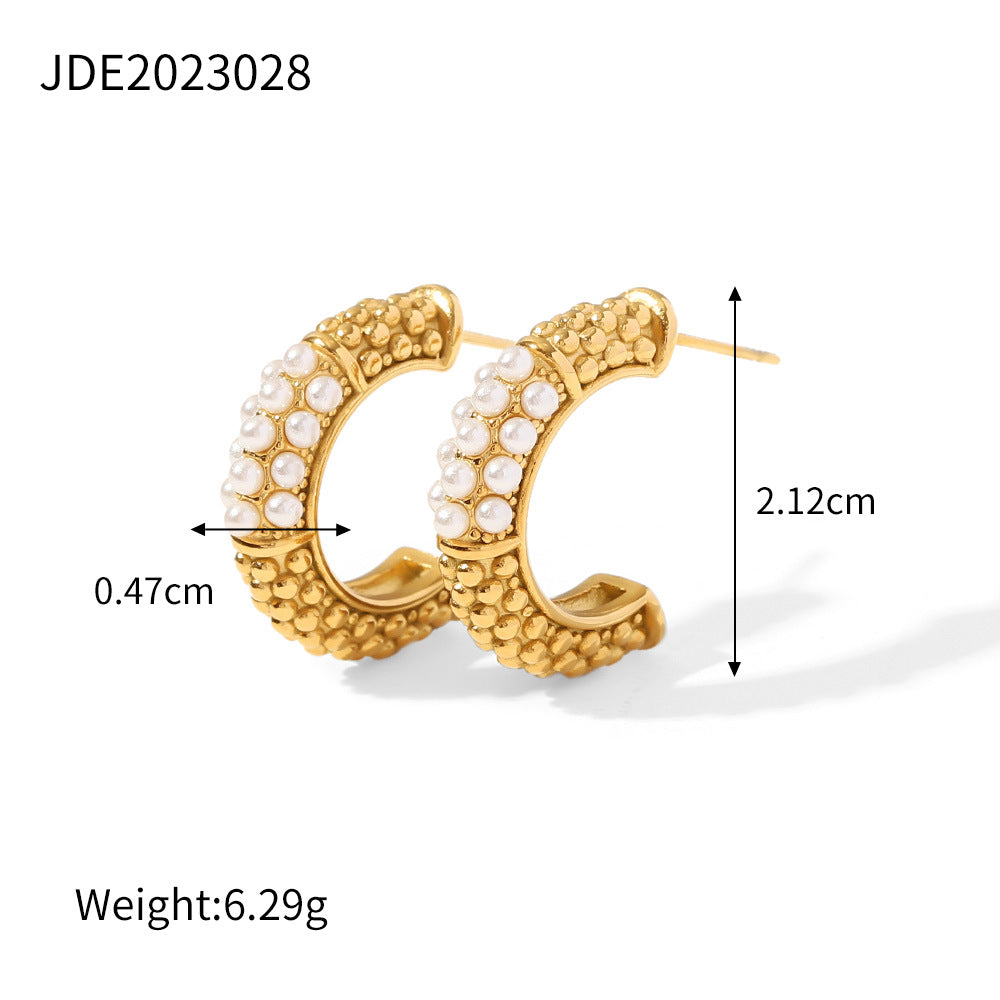 5pcs New Women's Fashion All Match Personality C-Shaped Inlaid Pearl Titanium Steel Earrings Stainless Steel Gold-Plated Earrings