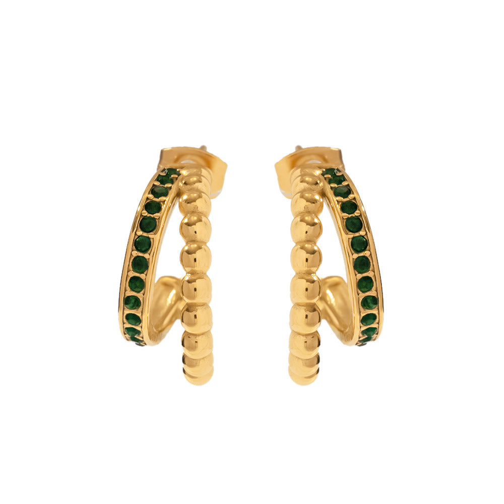 5pcs 18K Gold Plated Stainless Steel Fashion Matching C-Shaped Double Gold Beads Inlaid With Green Diamond Earrings Jewelry Women