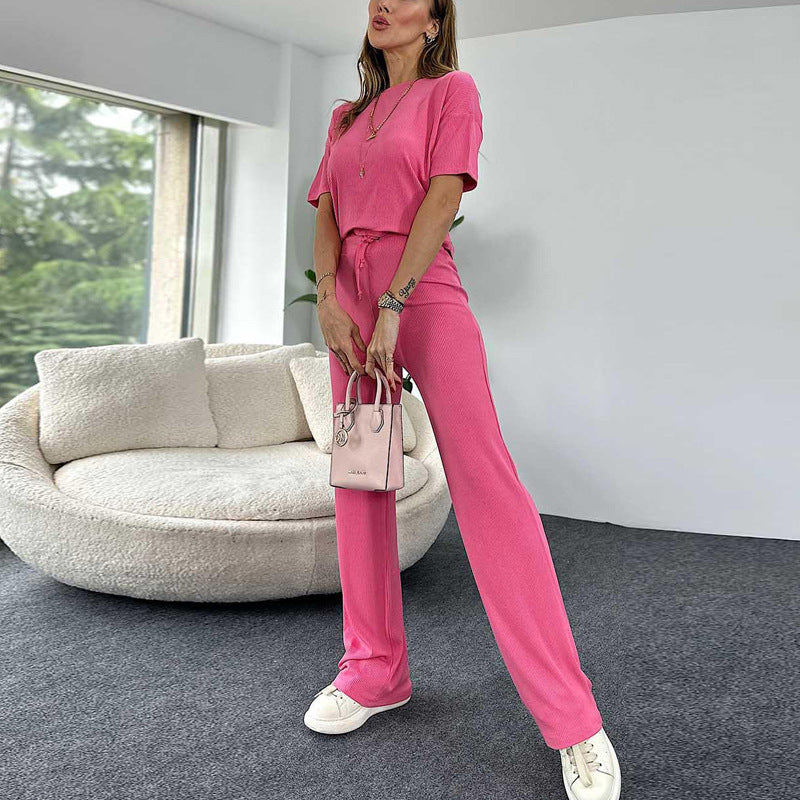 Women's Short-Sleeved Round Neck T-Shirt Elastic Waist Trousers Fashion Casual Two-Piece Set
