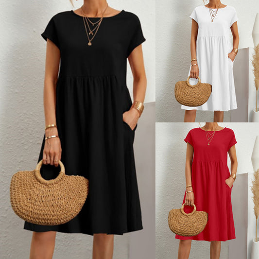 Fashion Ol Quality Women's Solid Color Cotton Linen Round Neck Set A-Line Skirt Dress