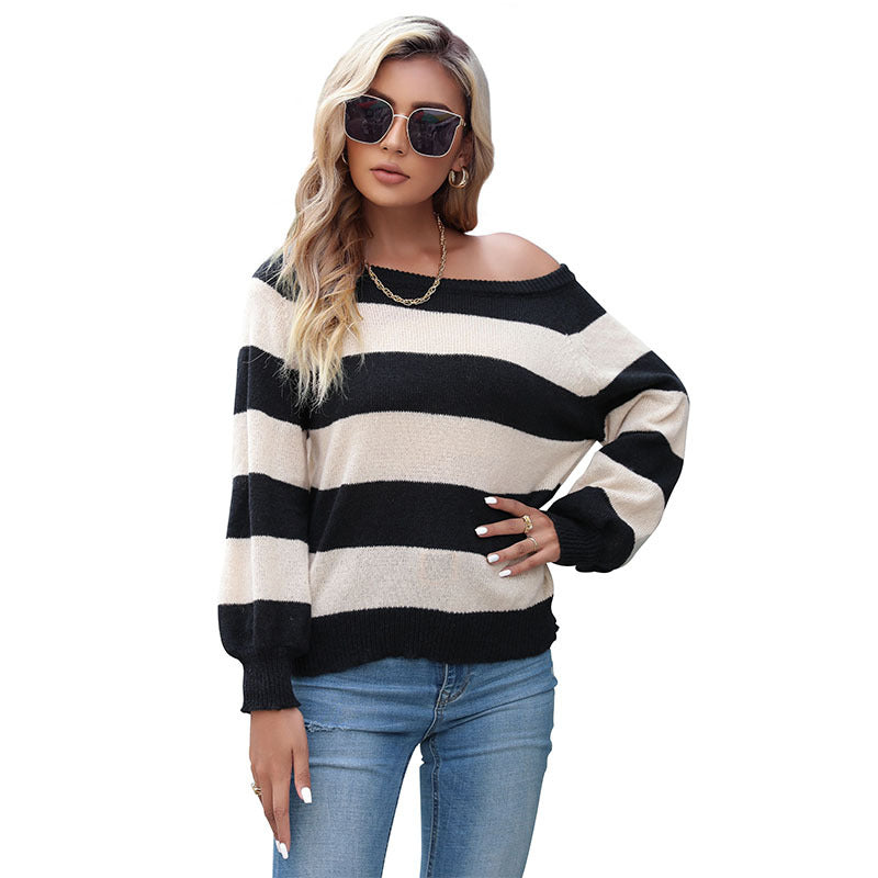 New Autumn Winter Lazy Style Women's Long-Sleeved Striped Sweater