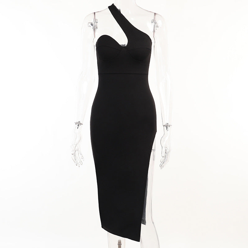 Spring And Summer New Women's Dress Temperament Sexy Oblique Shoulder Split Breast Dress Female