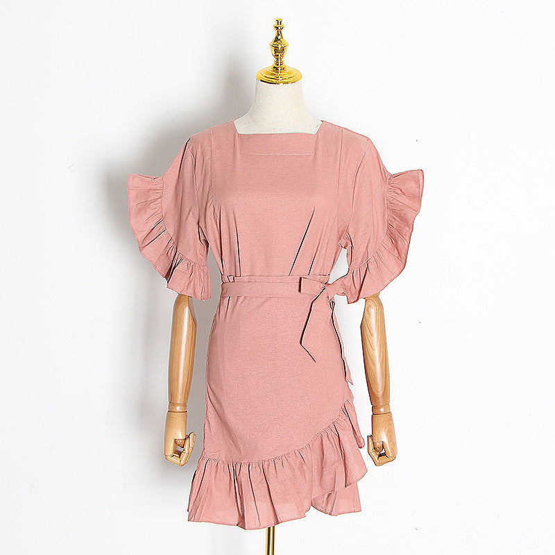 Fashion Adjustable Belt Ruffled Stitching A Line Skirt Spring New Cotton And Linen Dress Women's Tide