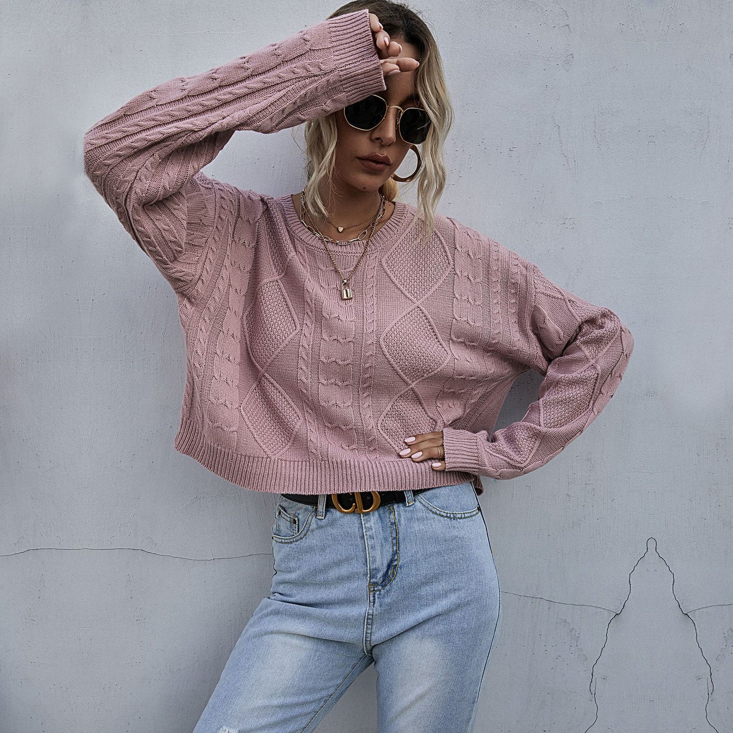 Solid Color Knitted Long Sleeve Twist Sen Short Bottom Sweater