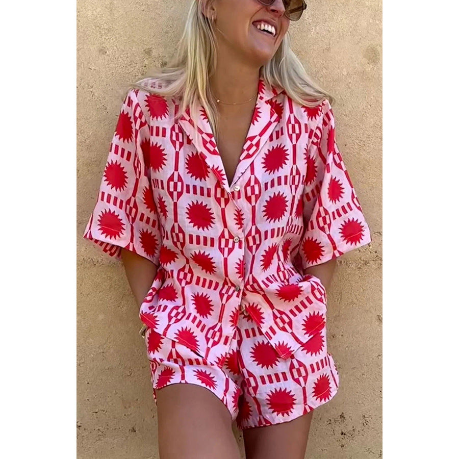 Spring And Summer New Lapel Short-Sleeved Pocket Set Leisure Loose Vacation Two-Piece Women