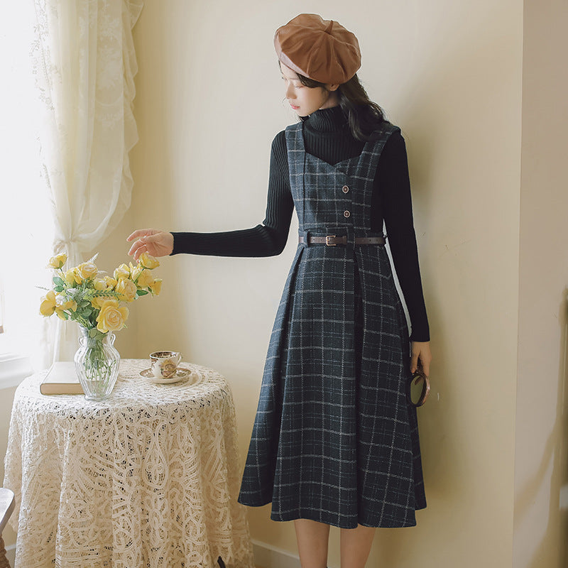 Women'S Clothing Fall Winter New All-Matching Woolen Strappy Dress Retro Temperament Dress