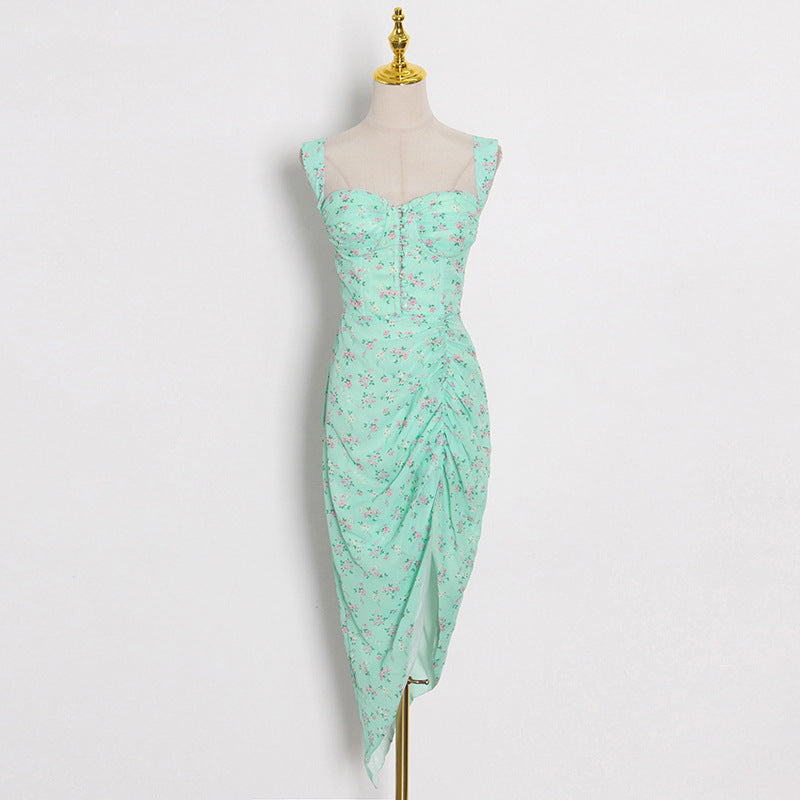 Small Fresh Print Long Dress Summer Fashion Sleeveless Print Drawstring Sexy Irregular Dress Long Woman