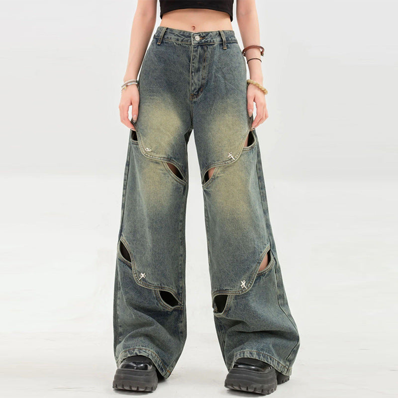 Wide-Leg Jeans Women's High Street Heavy Hollowed-Out Mops Vintage Long Pants