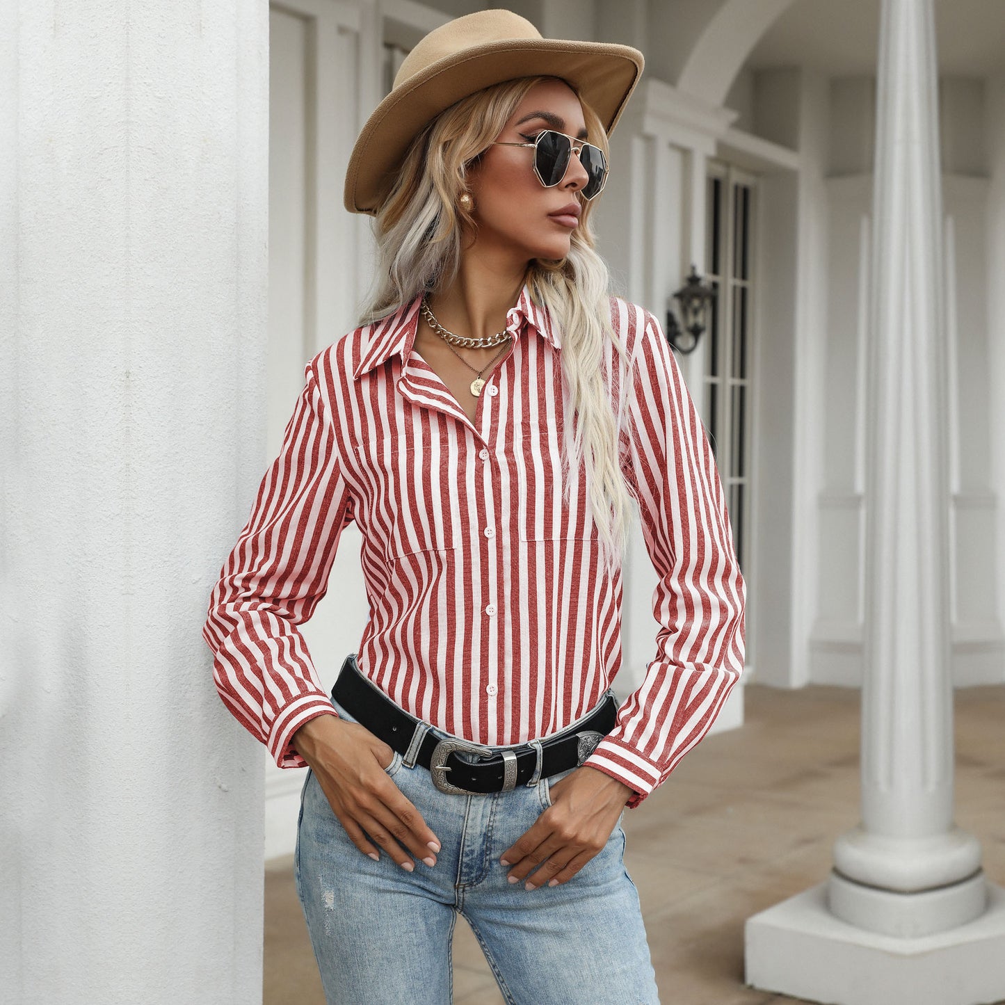 Autumn New Button Cardigan Striped Shirt Lapel Shirt Long Sleeve Commuter Shirt Woman
