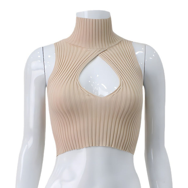 Women's Autumn New High-Neck Sleeveless Chest Hollow Design Knitted Fabric Thread Short
