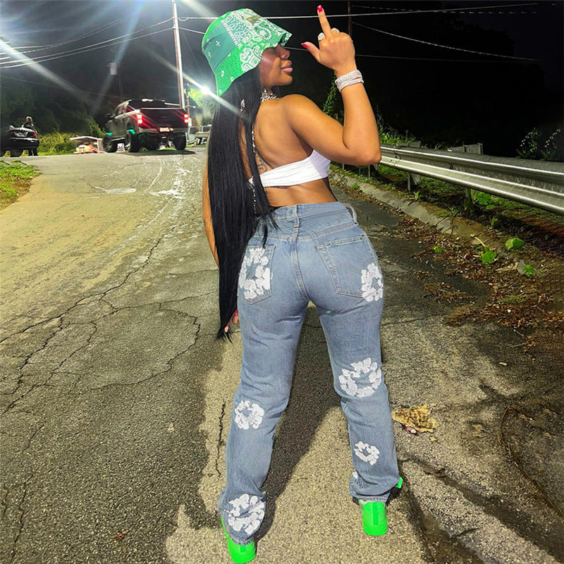 Spring Women's New Street Fashion With Daisy Print High-Waisted Straight-Leg Slim Jeans