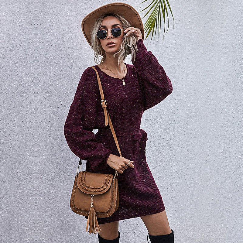 Solid Color Loose Lazy Style Tie Long Sweater Dress Female Autumn