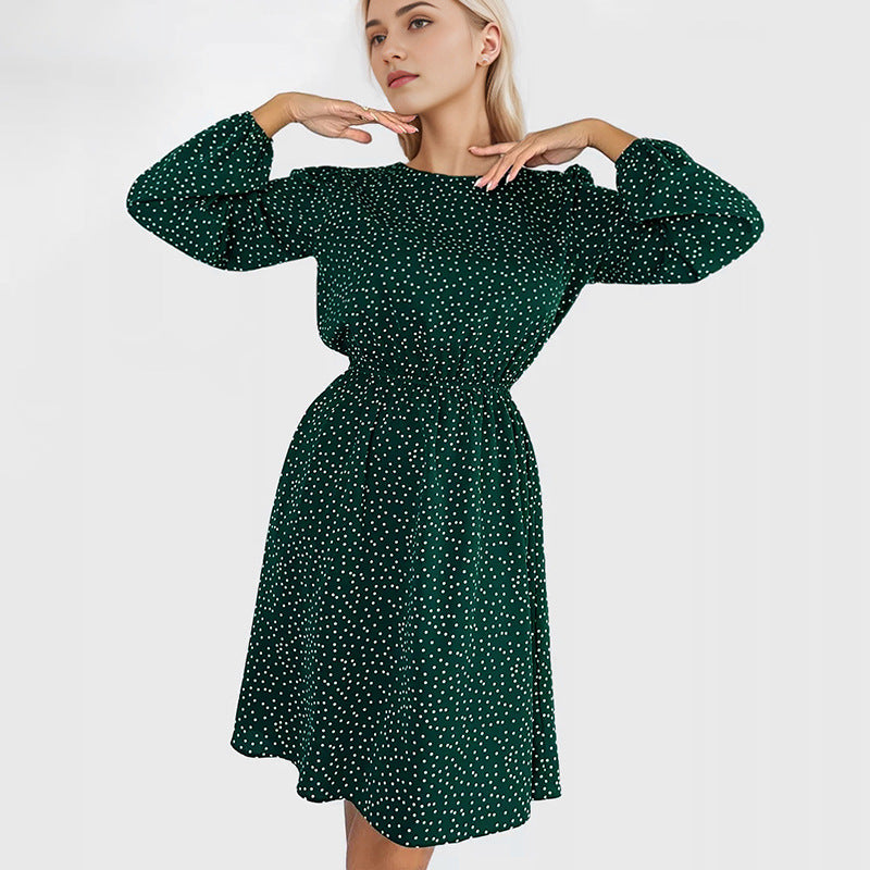 Spring Sexy Polka Dot Slim Round Neck Puffy Sleeve Dress Fashion Wildberries Skirt