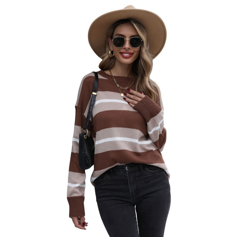 Fashion Women's Autumn Casual Loose Long-Sleeved Striped Sweater