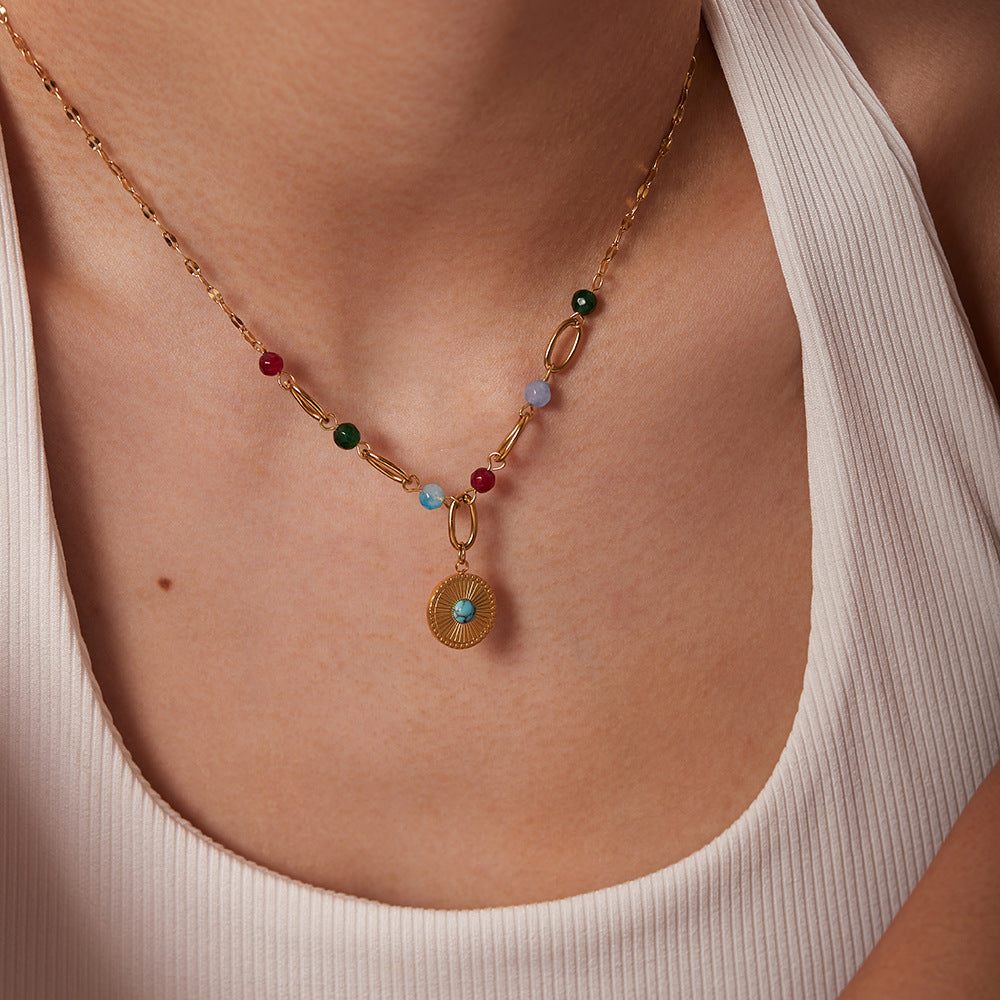5pcs 18K Gold Stainless Steel Disc Set Turquoise Pendant Necklace Women's Fashion All-Match Titanium Steel Colored Bead Necklace