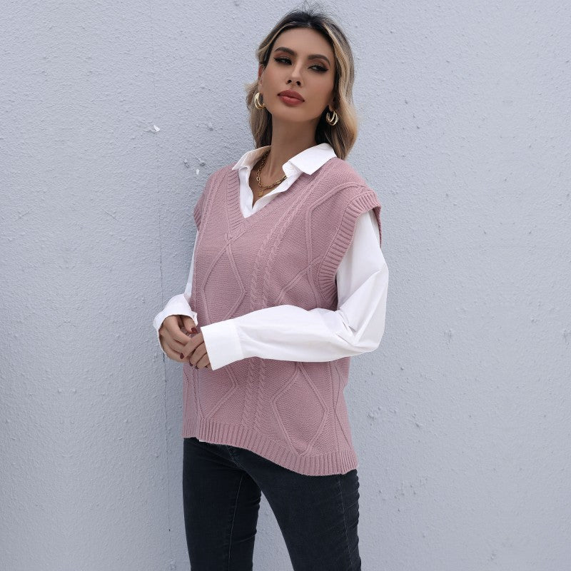 Early Autumn Fashion Women's Sleeveless Twist Solid Color Knitted Waistcoat Woman Sweater