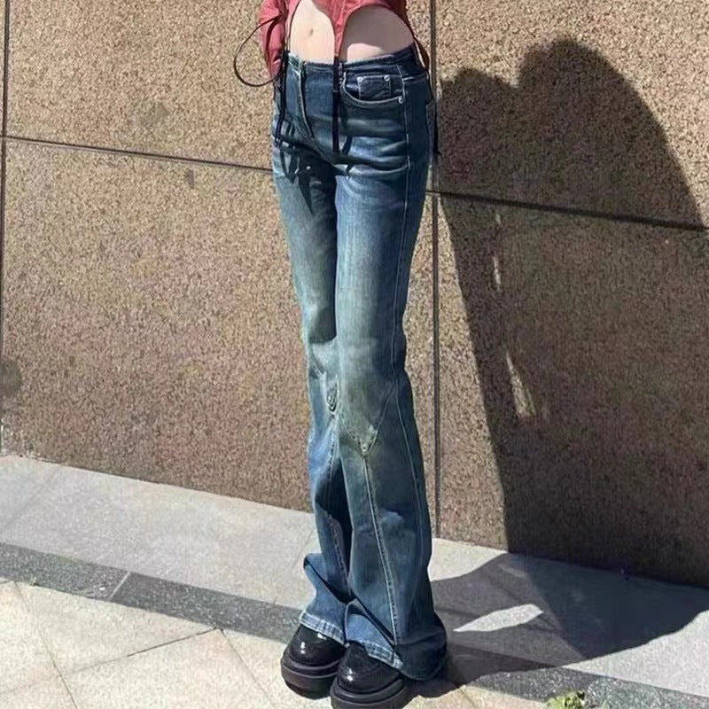 Fall New Retro Spice Girl Slim Mid-Waisted High Bounce Slim Fit Bell-Bottom Jeans Girl