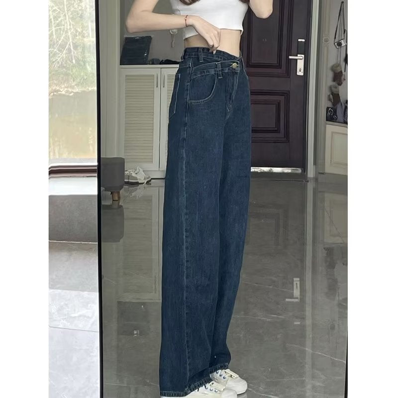 Blue Gray High Waist Wide Leg Jeans Women's New Autumn Cross Waist Small Loose Full Straight Leg Mop Pants