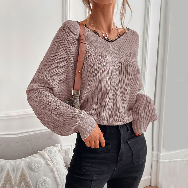Autumn New Women's Stitching Lace Pullover Solid Color Knit Sweater Women