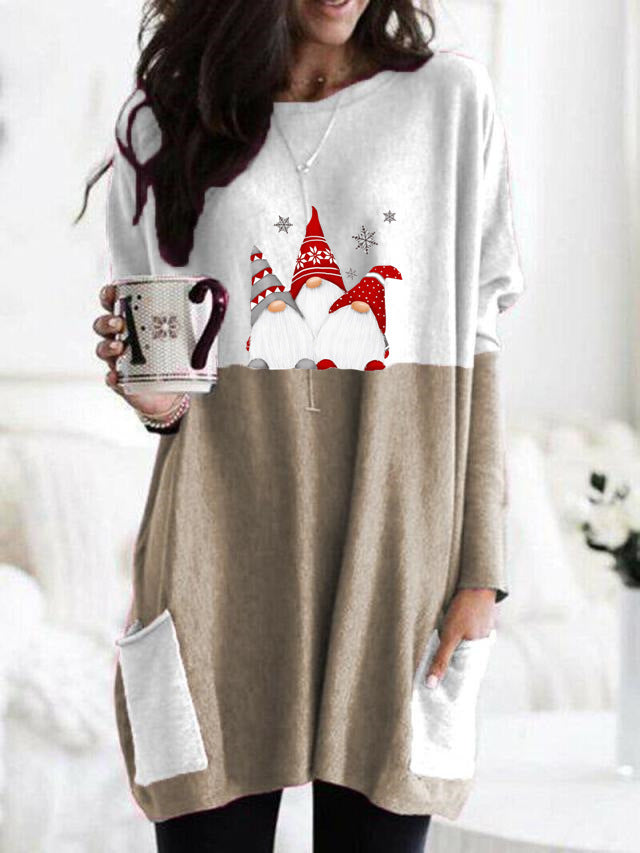 Christmas Printing New Long-Sleeved Color Casual Pocket T-Shirt Shirt Women's Clothing