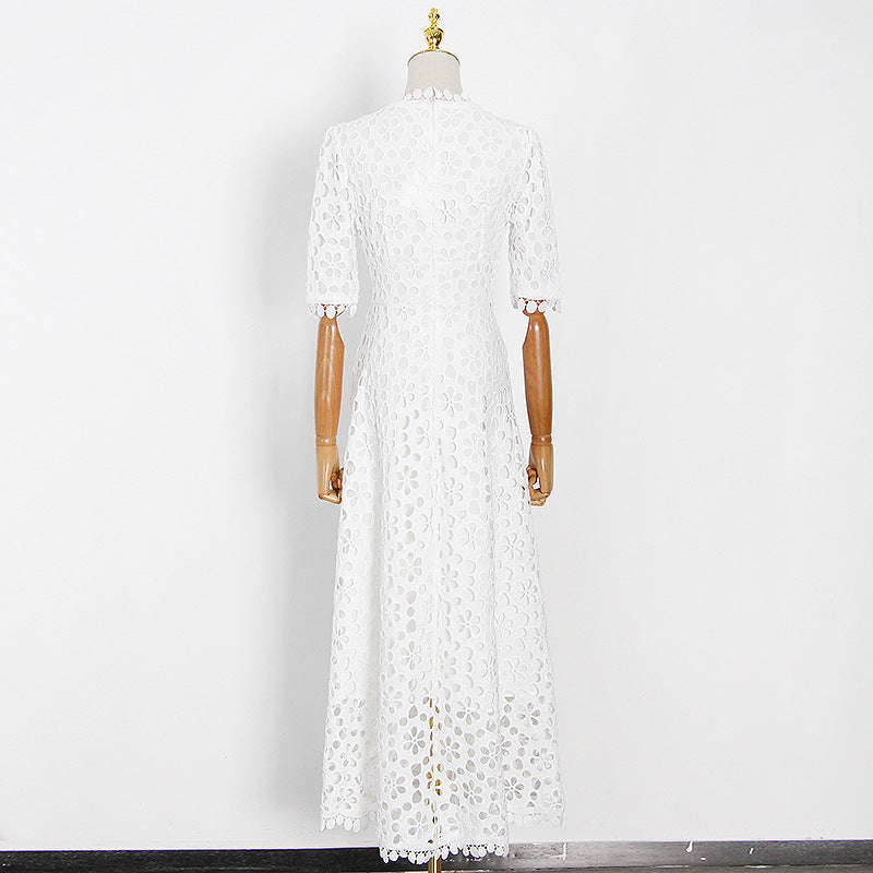 Autumn New V-Neck Waist Hook Flower Hollow Solid Color Swing Dress