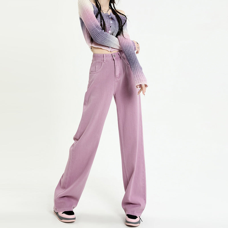 Purple Wide Leg Jeans Women's Autumn Loose Slim High Waisted Wide Leg Pants Women's Autumn And Winter Jeans Floor Length Pants Straight Leg Pants