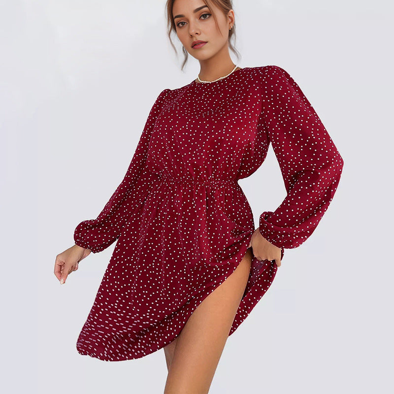Spring Sexy Polka Dot Slim Round Neck Puffy Sleeve Dress Fashion Wildberries Skirt